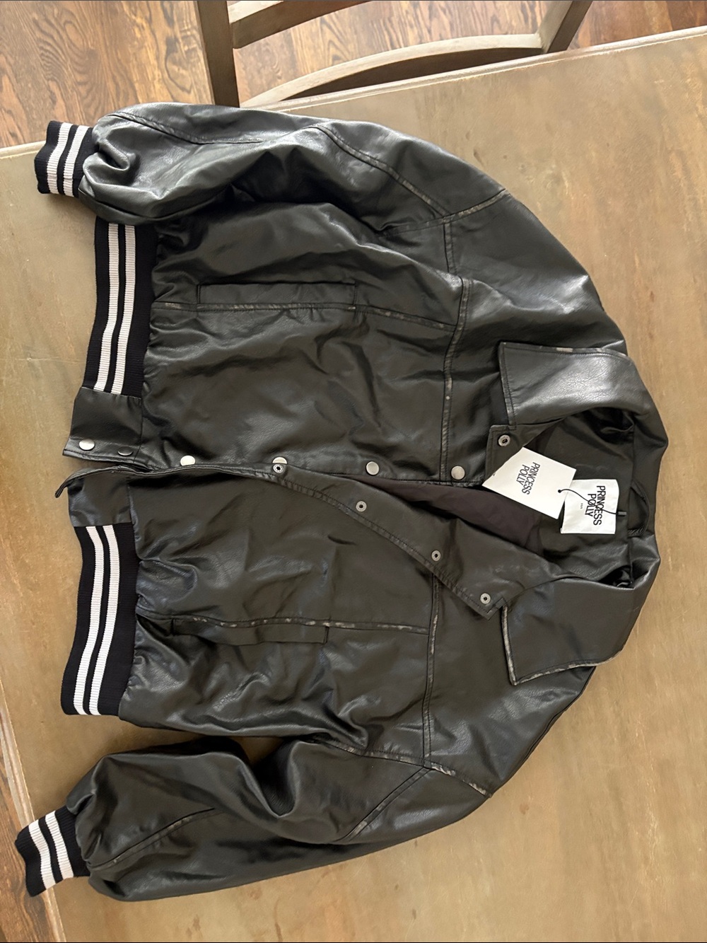 Princess Polly Black Faux Leather Bomber Jacket with Striped Ribbing